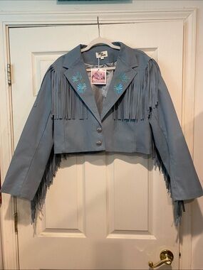 The Hippie Shake Cropped Fringe Leather Jacket in Light Blue with Embroidery